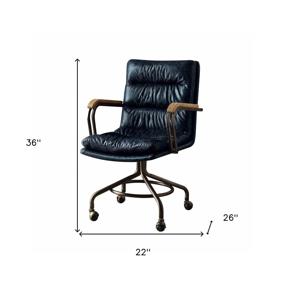 Navy Blue and Dark Brown Adjustable Swivel Leather Rolling Executive Office Chair HomeRoots