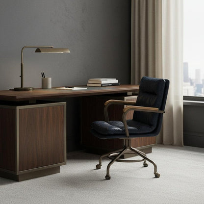 Navy Blue and Dark Brown Swivel Rolling Executive Office Chair HomeRoots