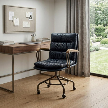Navy Blue and Dark Brown Swivel Rolling Executive Office Chair HomeRoots