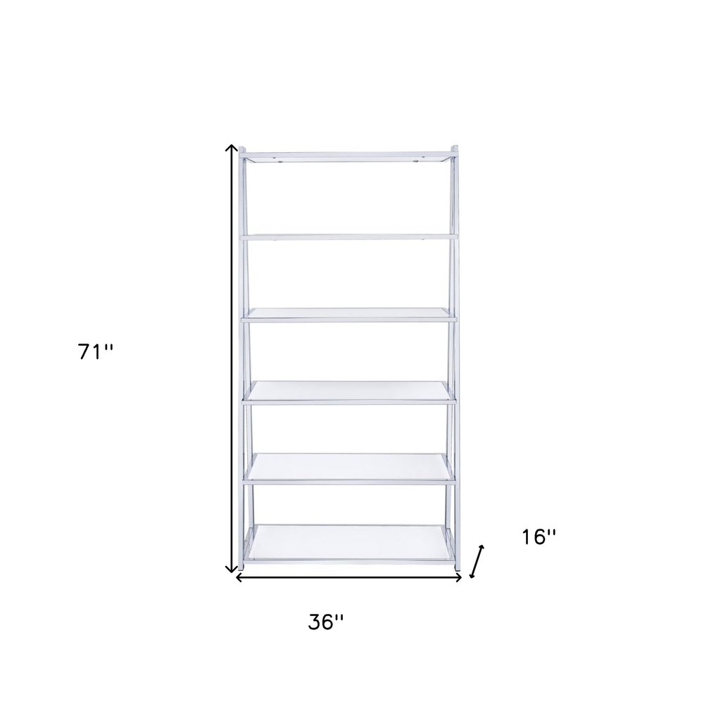 White And Silver Metal and Glass Five Tier Ladder Bookcase HomeRoots