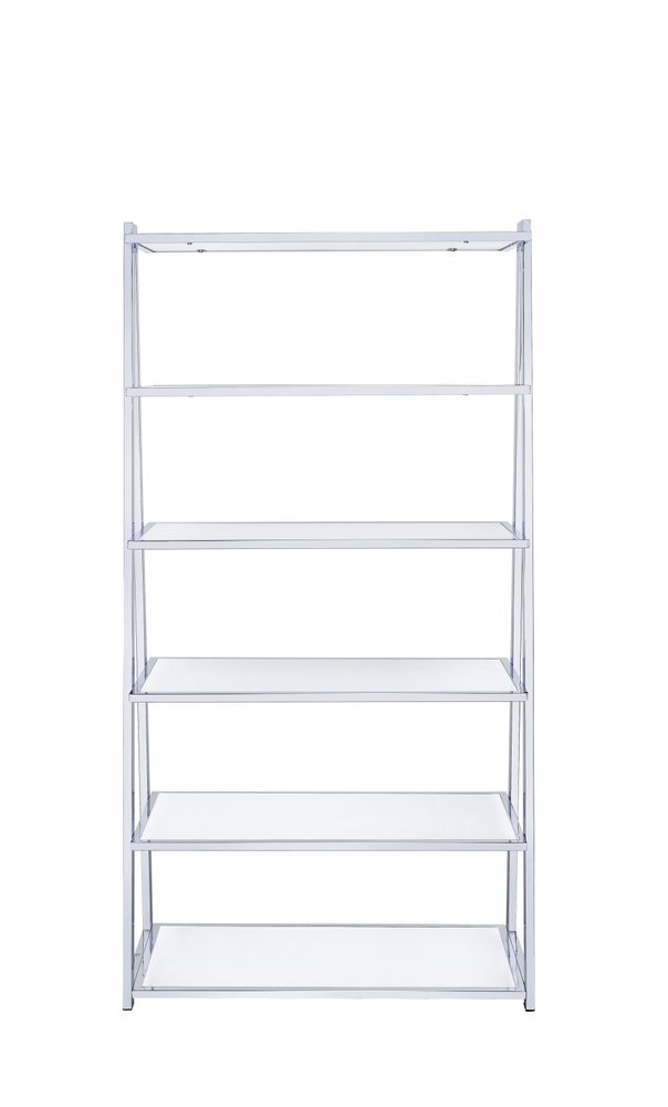 White And Silver Metal and Glass Five Tier Ladder Bookcase HomeRoots
