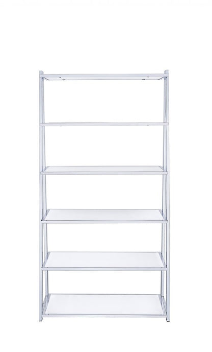 White And Silver Metal and Glass Five Tier Ladder Bookcase HomeRoots