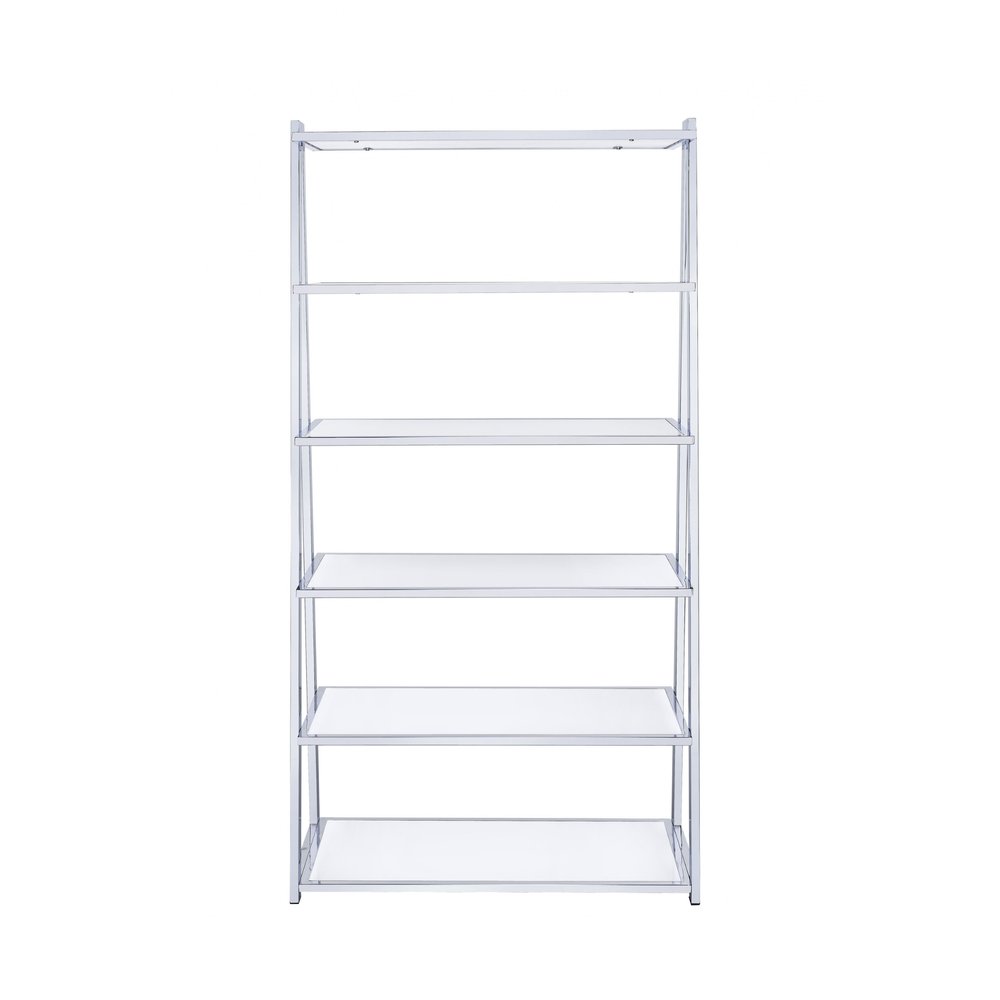 White And Silver Metal and Glass Five Tier Ladder Bookcase HomeRoots