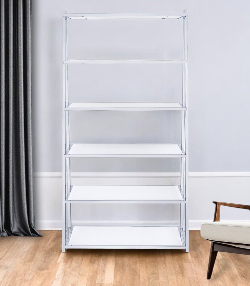 White And Silver Metal and Glass Five Tier Ladder Bookcase HomeRoots