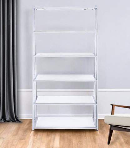 White And Silver Metal and Glass Five Tier Ladder Bookcase HomeRoots