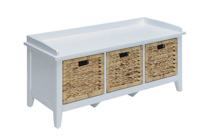 43" White Distressed Solid Wood Storage Bench with Baskets HomeRoots