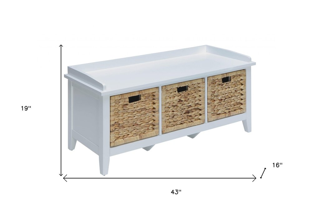 43" White Distressed Solid Wood Storage Bench with Baskets HomeRoots