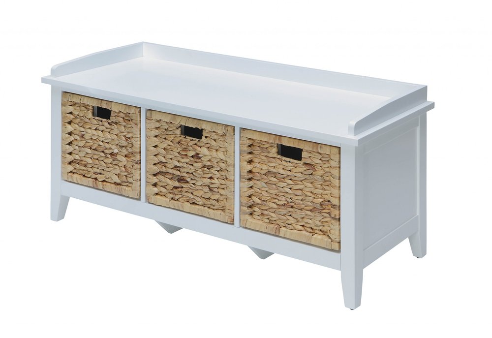 43" White Distressed Solid Wood Storage Bench with Baskets HomeRoots