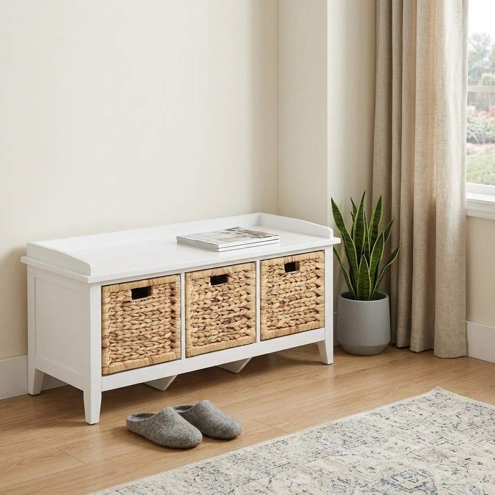 43" White Distressed Solid Wood Storage Bench with Baskets HomeRoots