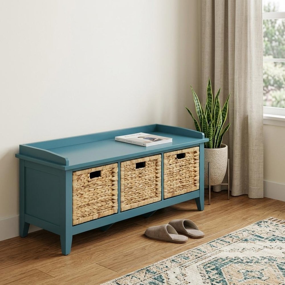 43" White Distressed Solid Wood Storage Bench with Baskets HomeRoots