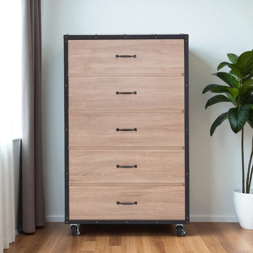 31" Oak Wood Five Drawer Dresser — view 6