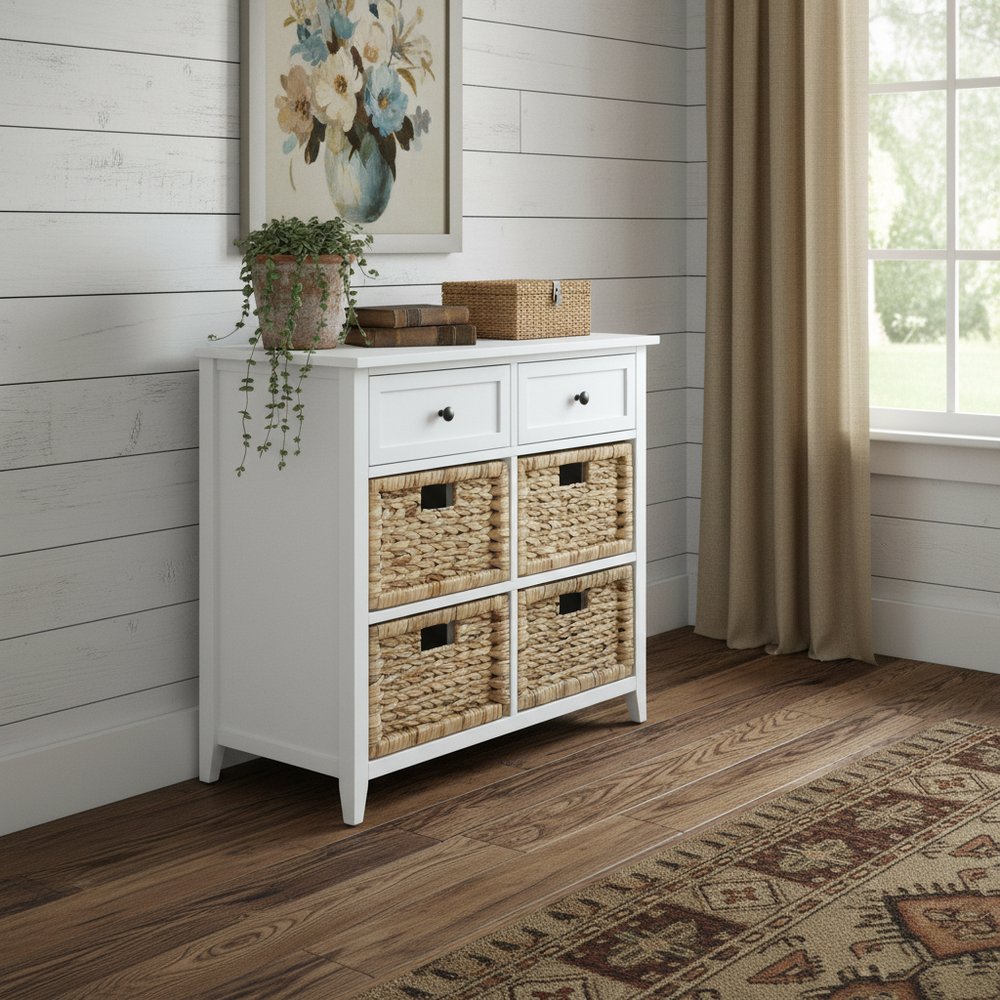 30" White Wood And Water Hyacinth Accent Cabinet With Six Drawers HomeRoots