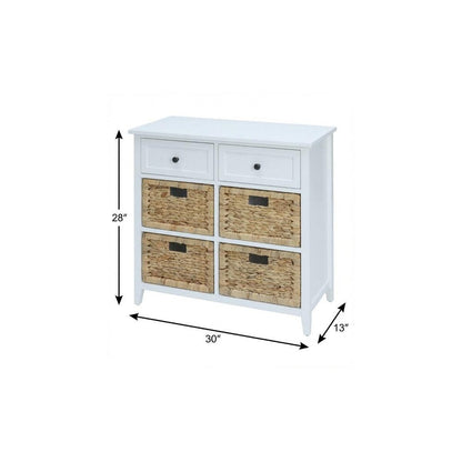 30" White Wood And Water Hyacinth Accent Cabinet With Six Drawers HomeRoots