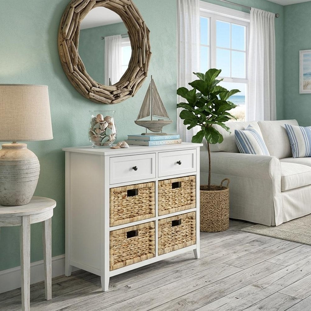 30" White Wood And Water Hyacinth Accent Cabinet With Six Drawers HomeRoots