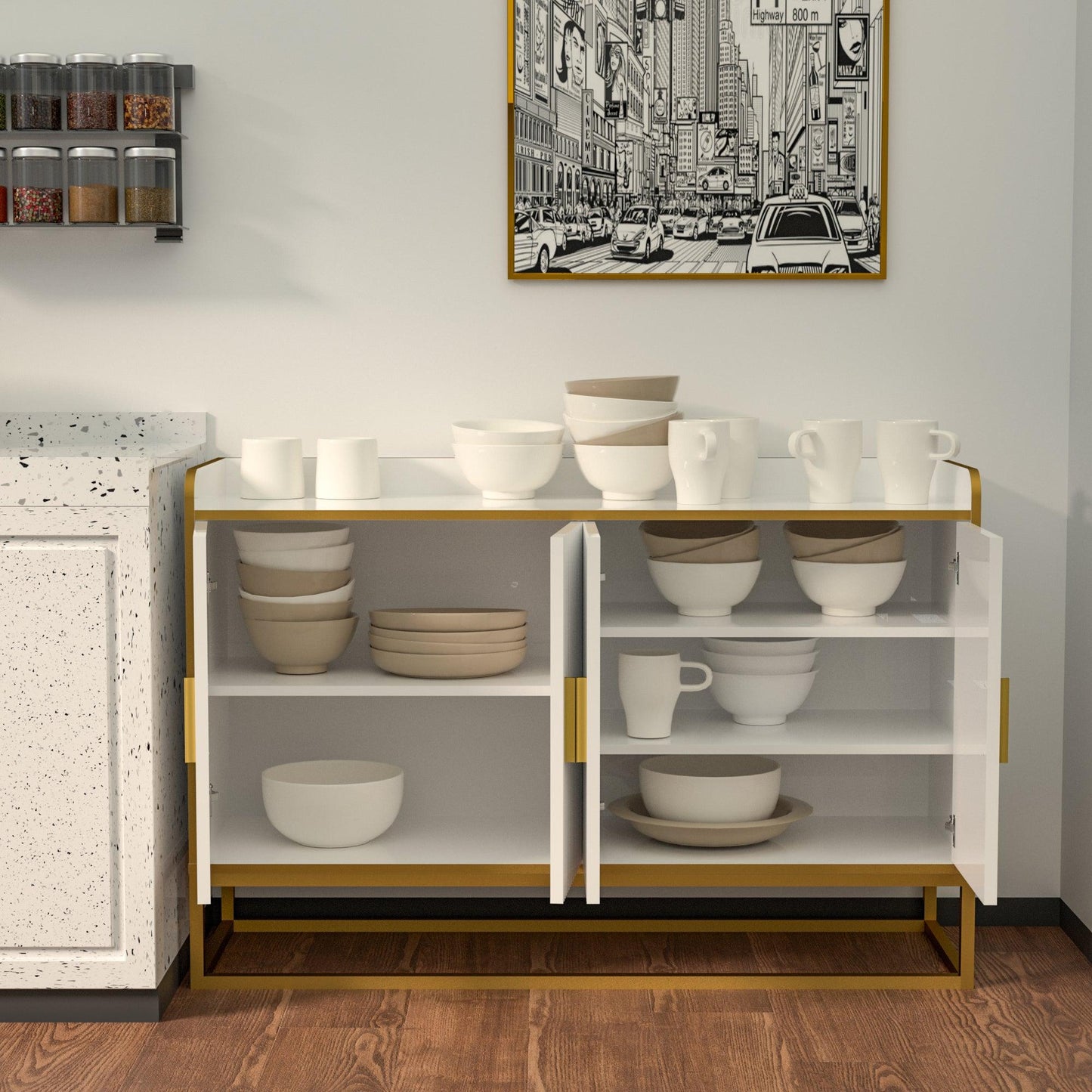 Modern Kitchen Buffet Storage Cabinet Cupboard White Gloss with Metal Legs for living room Kitchen - FurniFindUSA