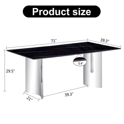 Modern minimalist dining table The black imitation marble glass desktop is equipped with silver metal legs - FurniFindUSA