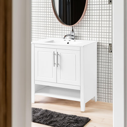 30" Bathroom Vanity with Sink Multi-functional Bathroom Cabinet with Doors and Drawers Solid Frame and MDF Board, White - FurniFindUSA