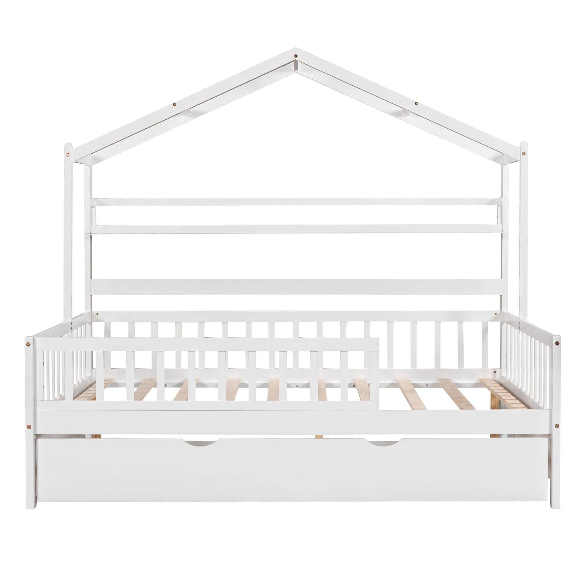 Wooden Full Size House Bed with Twin Size Trundle Kids Bed with Shelf White - FurniFindUSA