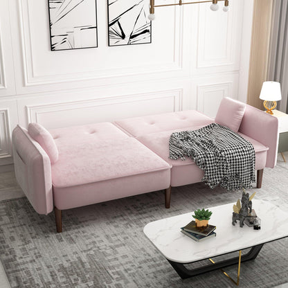 Convertible Sofa Bed with Wood Legs in Velvet(Pink) - FurniFindUSA