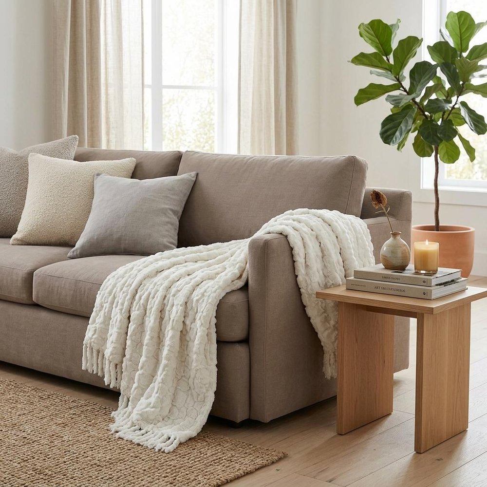 70" X 50" Ivory Faux Fur Plush Throw Blanket HomeRoots
