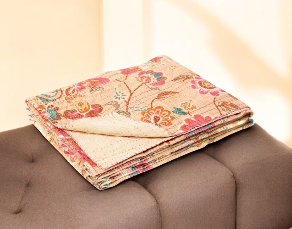 50" X 70" Beige Pink Orange and Green Cotton Kantha Floral Throw Throw Blanket with Embroidery HomeRoots