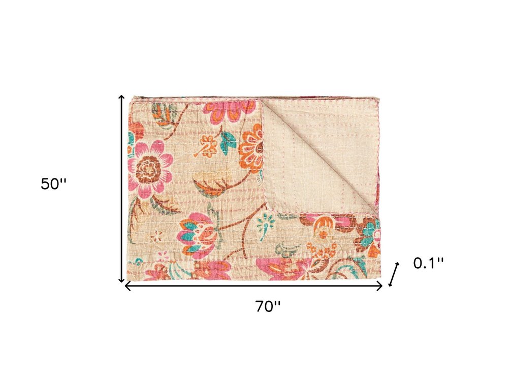 50" X 70" Beige Pink Orange and Green Cotton Kantha Floral Throw Throw Blanket with Embroidery HomeRoots