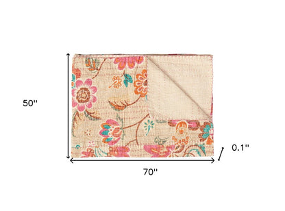 50" X 70" Beige Pink Orange and Green Cotton Kantha Floral Throw Throw Blanket with Embroidery HomeRoots