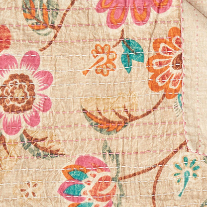 70" X 50" Beige Pink Orange and Green Kantha Cotton Floral Throw Blanket with Embroidery