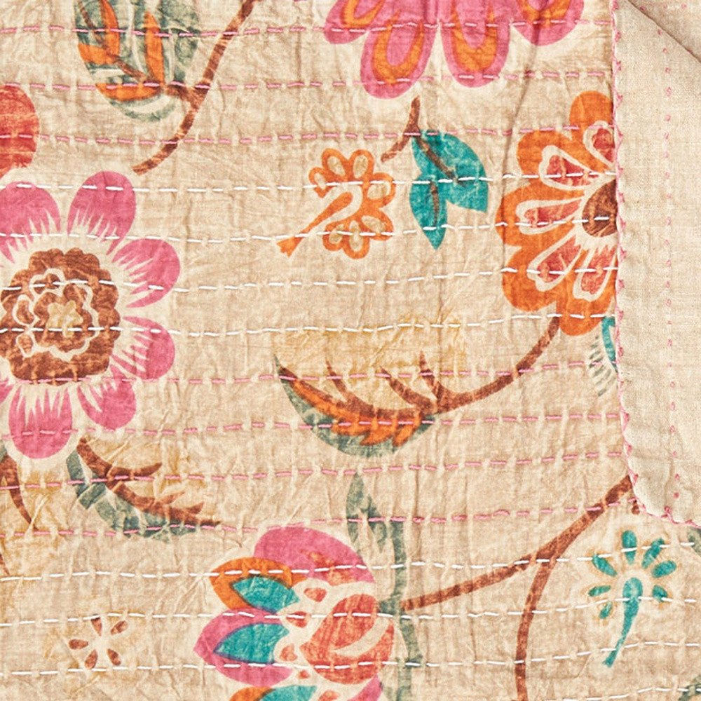 50" X 70" Beige Pink Orange and Green Cotton Kantha Floral Throw Throw Blanket with Embroidery HomeRoots