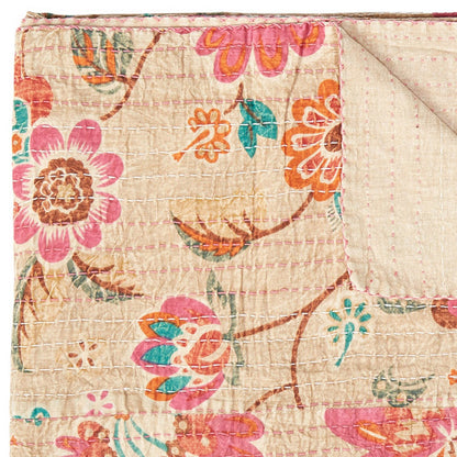 70" X 50" Beige Pink Orange and Green Kantha Cotton Floral Throw Blanket with Embroidery