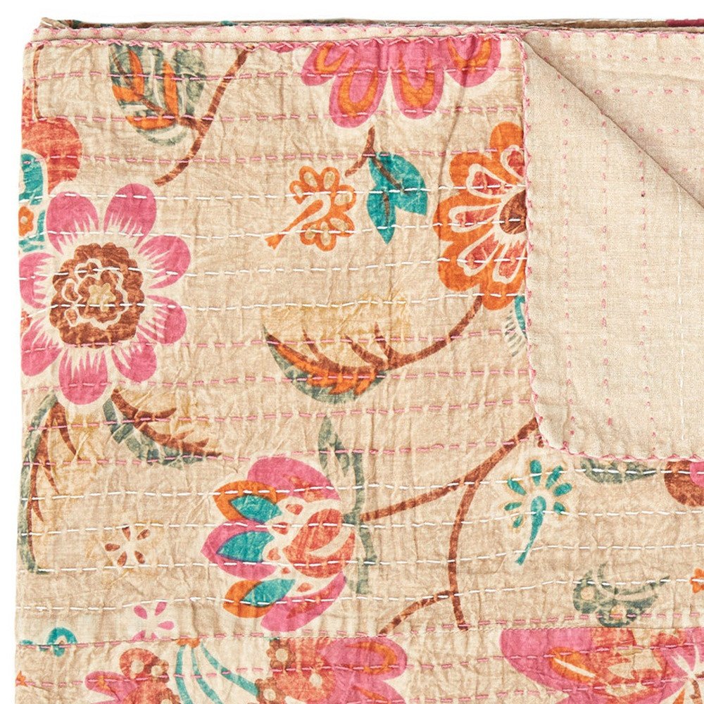 50" X 70" Beige Pink Orange and Green Cotton Kantha Floral Throw Throw Blanket with Embroidery HomeRoots