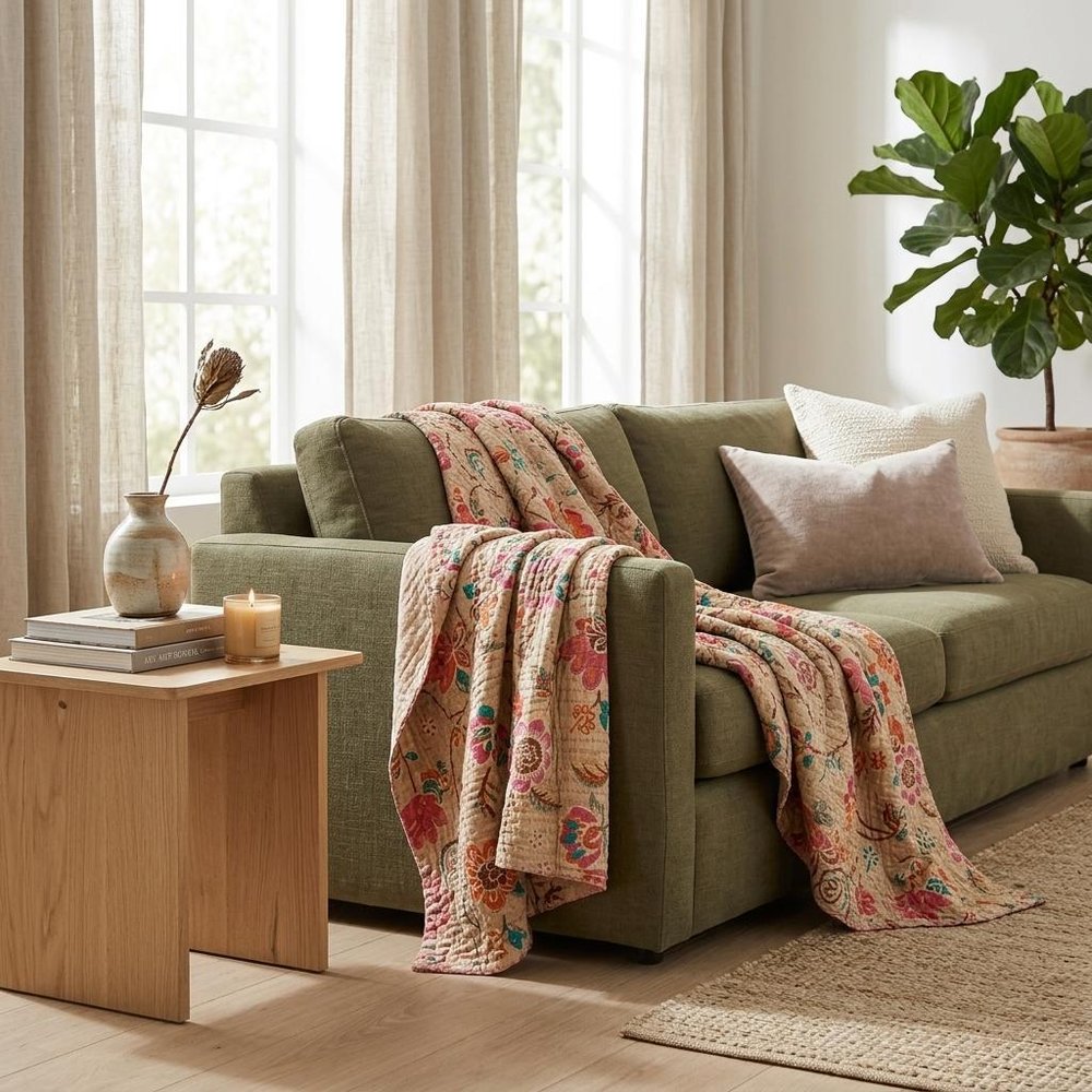 50" X 70" Beige Pink Orange and Green Cotton Kantha Floral Throw Throw Blanket with Embroidery HomeRoots
