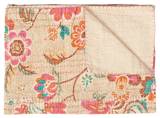 70" X 50" Beige Pink Orange and Green Kantha Cotton Floral Throw Blanket with Embroidery