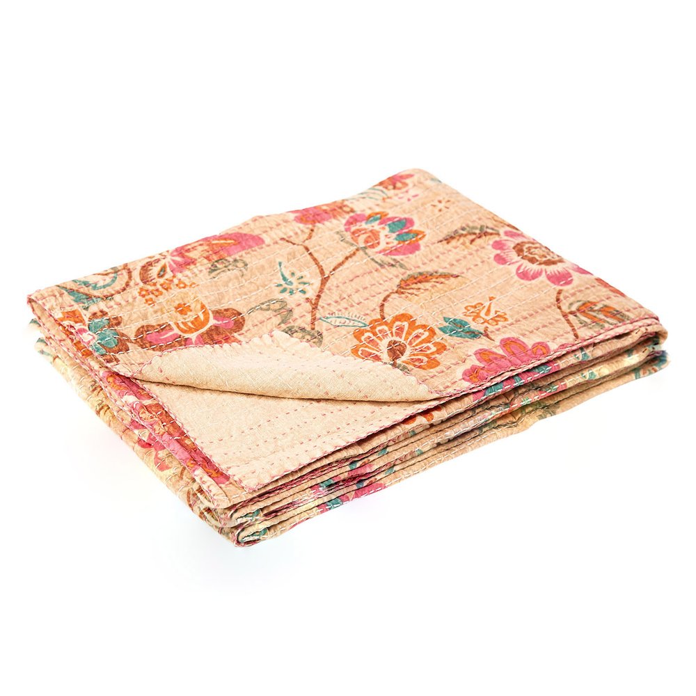 50" X 70" Beige Pink Orange and Green Cotton Kantha Floral Throw Throw Blanket with Embroidery — view 2