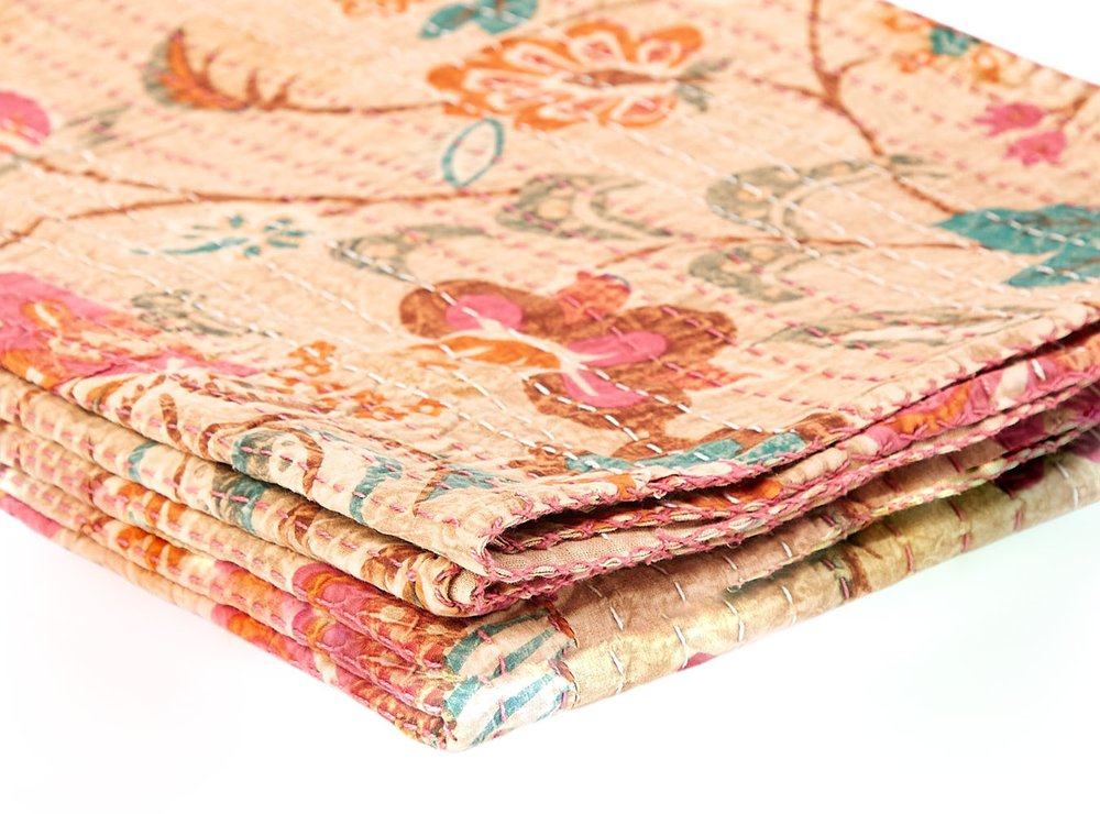 50" X 70" Beige Pink Orange and Green Cotton Kantha Floral Throw Throw Blanket with Embroidery HomeRoots