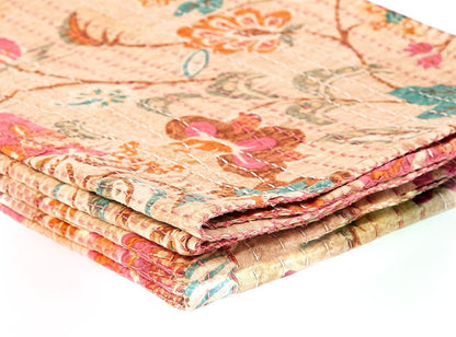 50" X 70" Beige Pink Orange and Green Cotton Kantha Floral Throw Throw Blanket with Embroidery HomeRoots