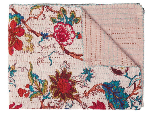 50" X 70" Pink and Red Kantha Cotton Floral Throw Blanket with Embroidery HomeRoots