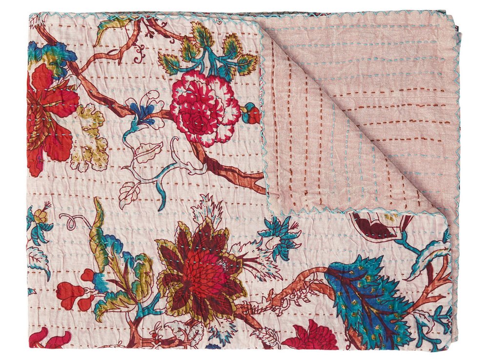 50" X 70" Pink and Red Kantha Cotton Floral Throw Blanket with Embroidery HomeRoots