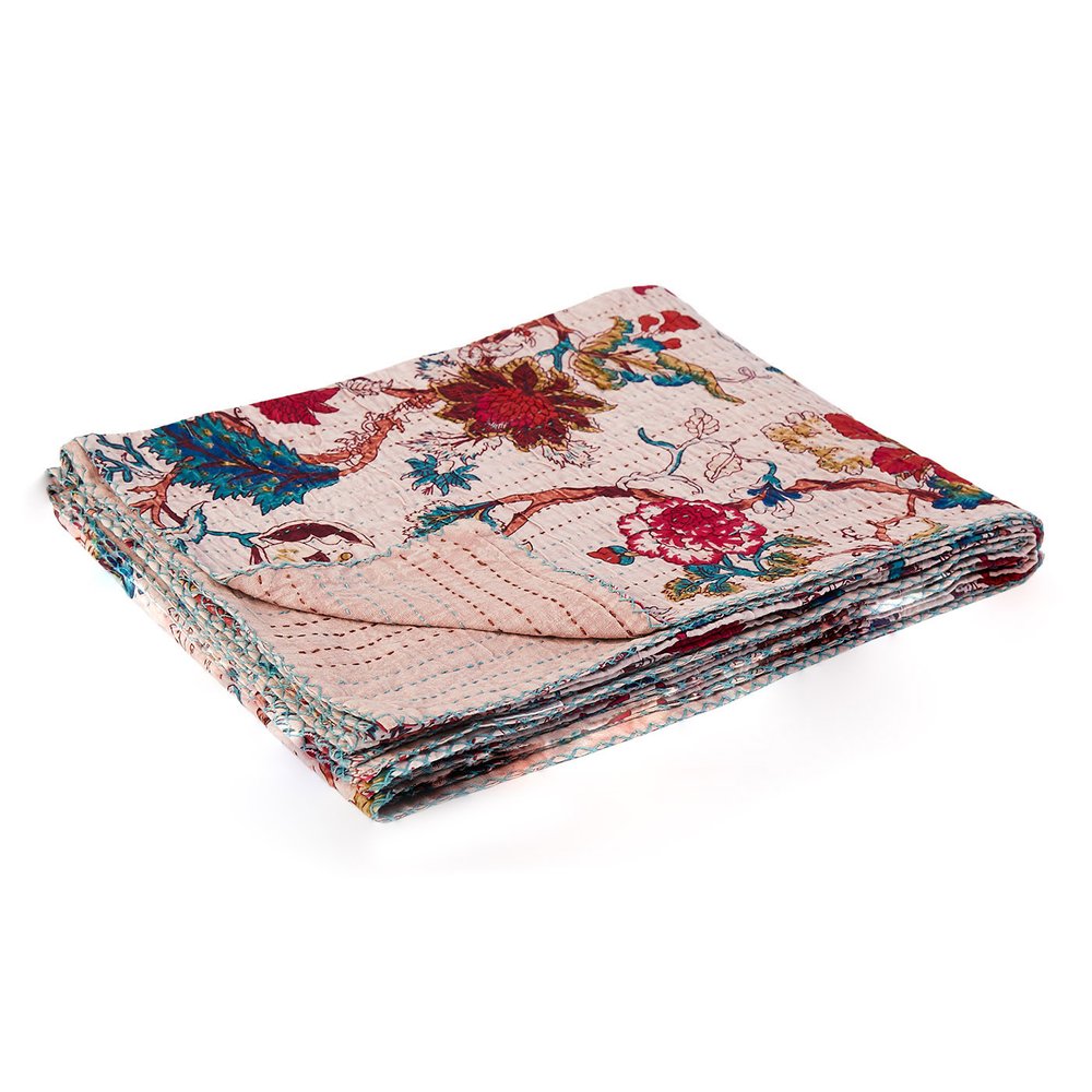 50" X 70" Blue and Brown Kantha Cotton Floral Throw Blanket with Embroidery HomeRoots