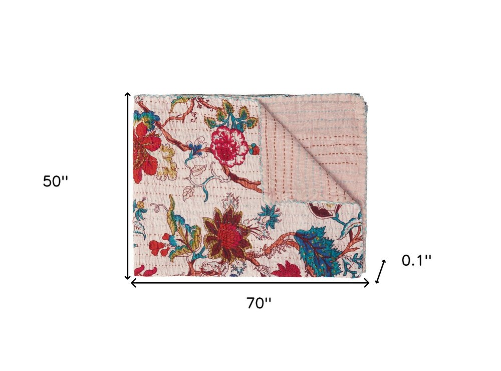 50" X 70" Blue and Brown Kantha Cotton Floral Throw Blanket with Embroidery HomeRoots