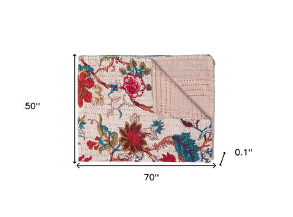 50" X 70" Blue and Brown Kantha Cotton Floral Throw Blanket with Embroidery HomeRoots