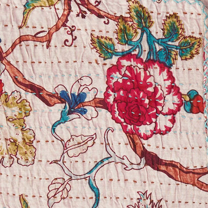 50" X 70" Blue and Brown Kantha Cotton Floral Throw Blanket with Embroidery HomeRoots
