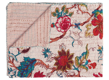 50" X 70" Blue and Brown Kantha Cotton Floral Throw Blanket with Embroidery HomeRoots