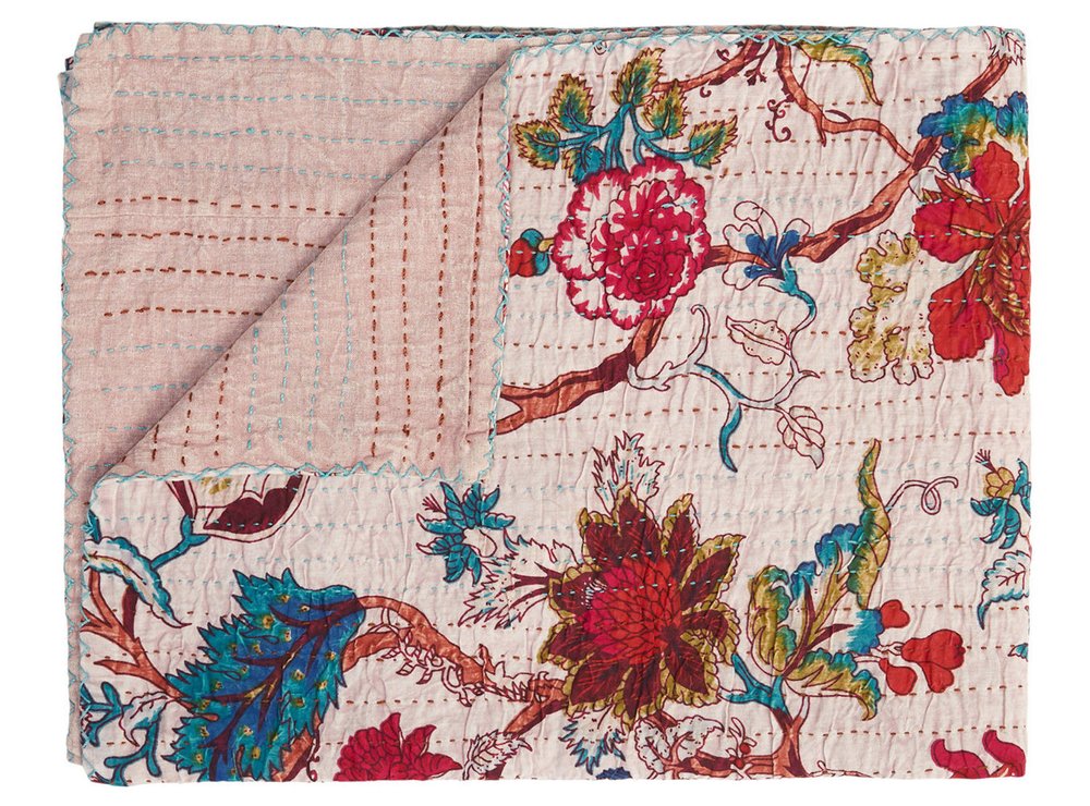50" X 70" Pink and Red Kantha Cotton Floral Throw Blanket with Embroidery HomeRoots