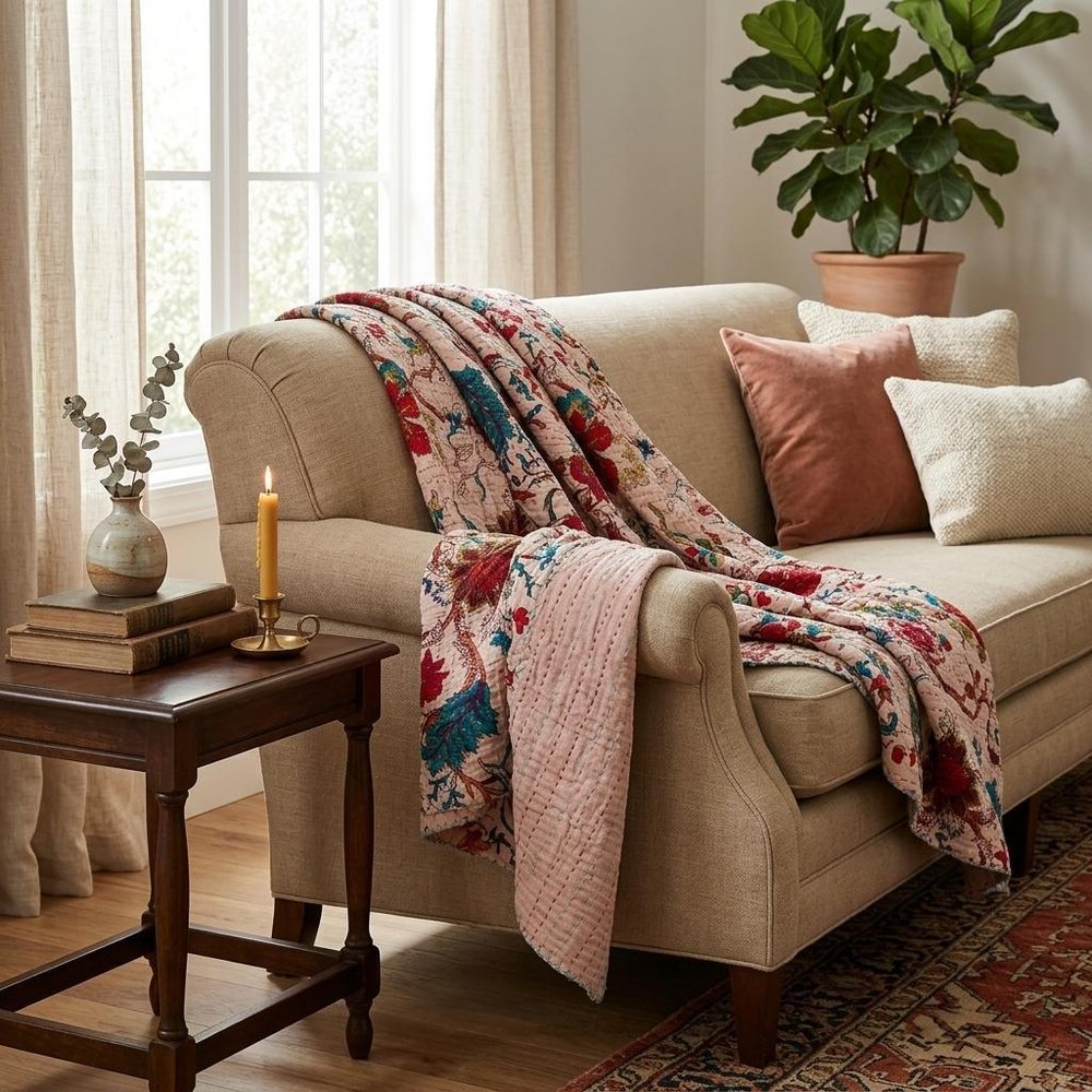 50" X 70" Blue and Brown Kantha Cotton Floral Throw Blanket with Embroidery HomeRoots