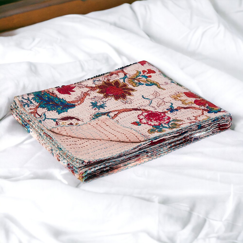 50" X 70" Pink and Red Kantha Cotton Floral Throw Blanket with Embroidery HomeRoots