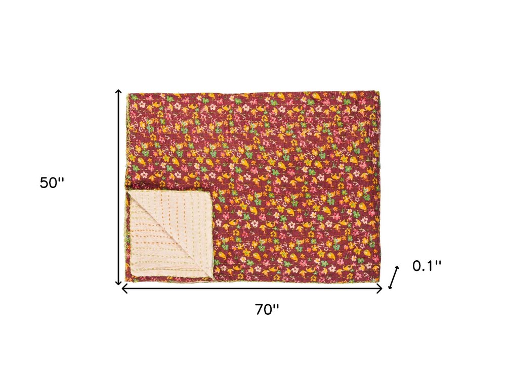 50" X 70" Maroon Yellow and Green Kantha Cotton Floral Throw Blanket with Embroidery HomeRoots