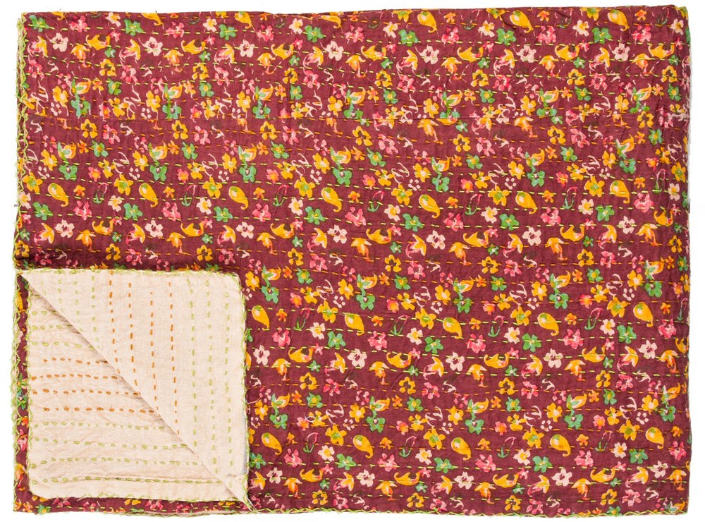 50" X 70" Maroon Yellow and Green Kantha Cotton Floral Throw Blanket with Embroidery HomeRoots