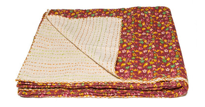 50" X 70" Maroon Yellow and Green Kantha Cotton Floral Throw Blanket with Embroidery HomeRoots