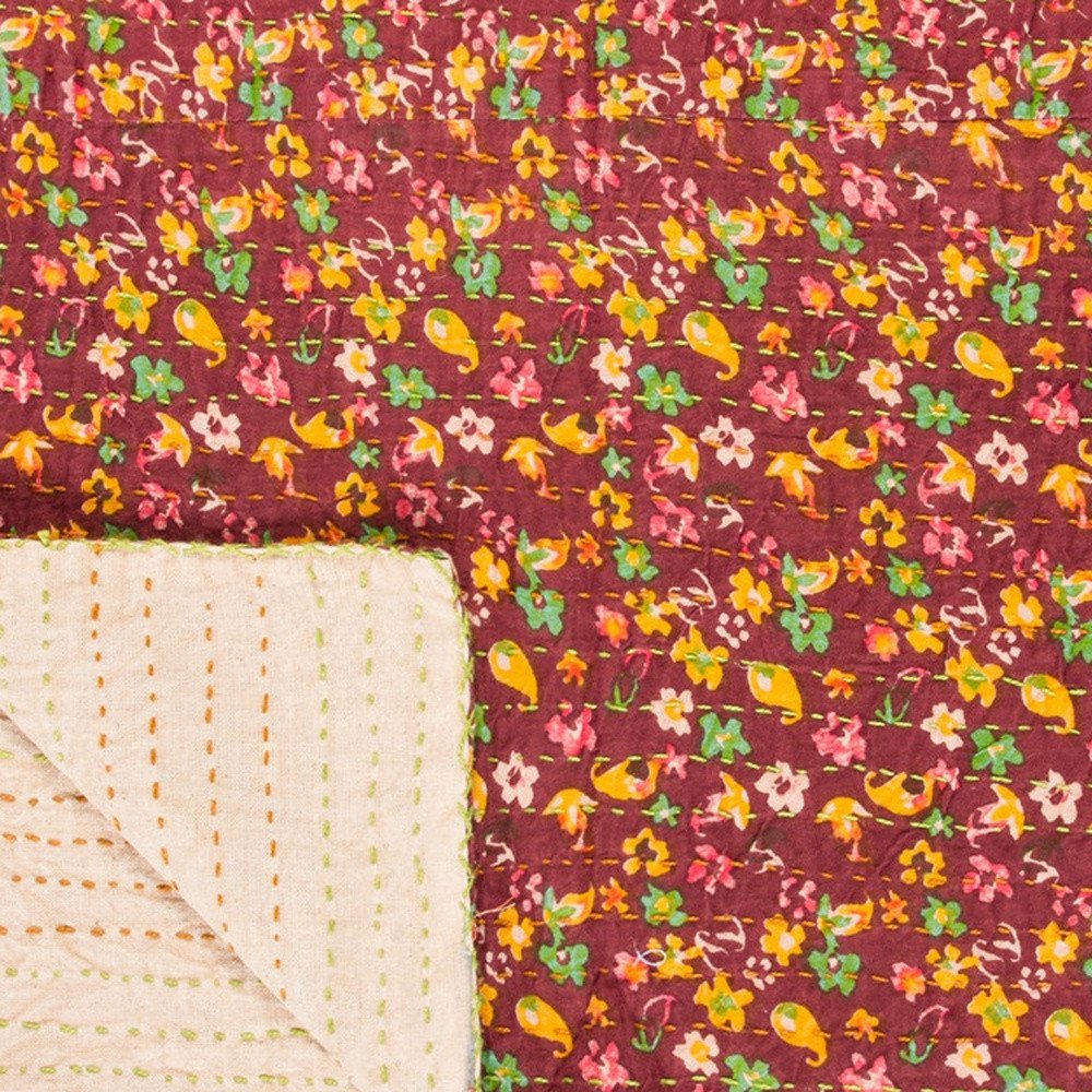 50" X 70" Maroon Yellow and Green Kantha Cotton Floral Throw Blanket with Embroidery HomeRoots